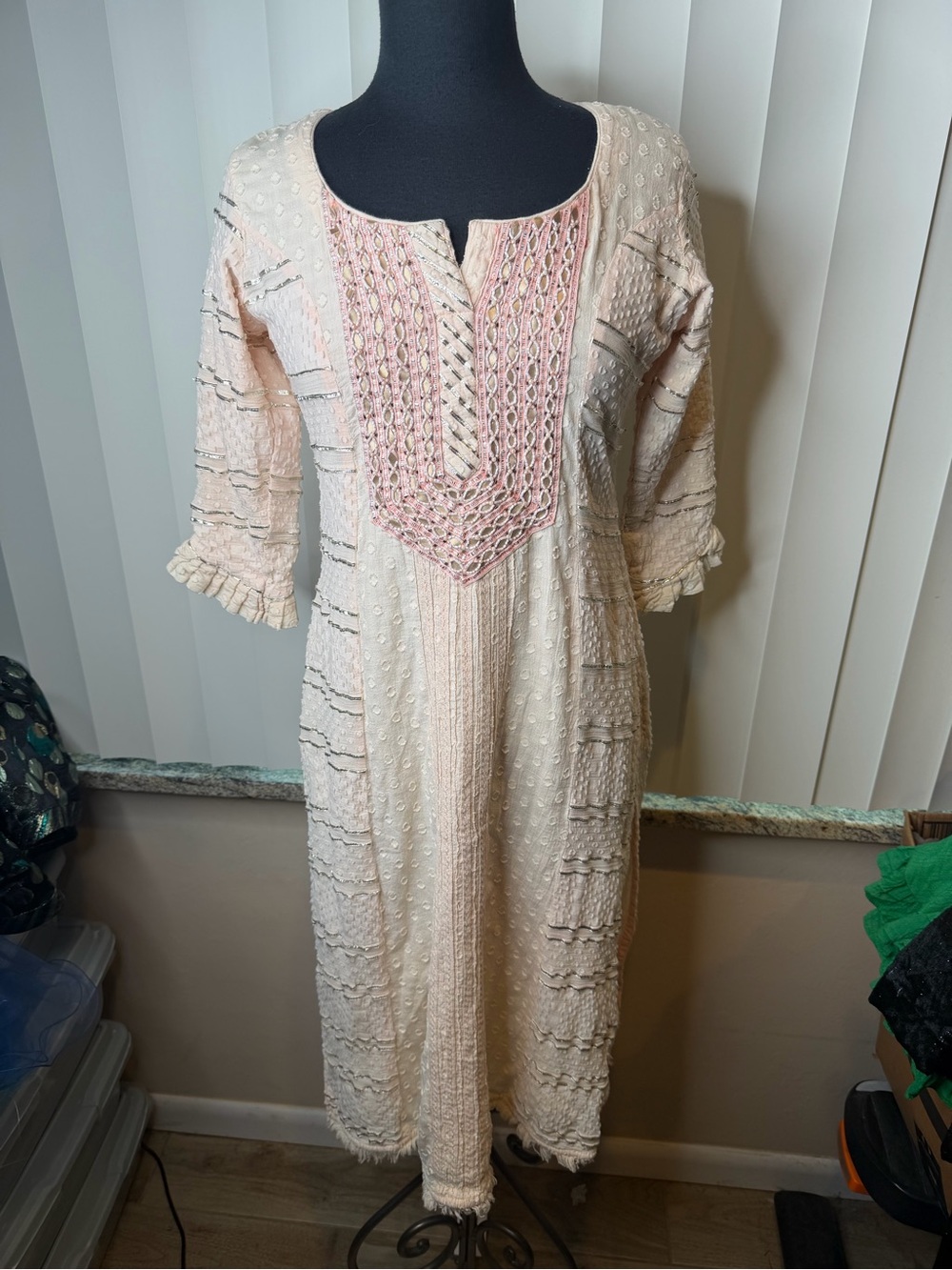 Blush colored cotton tunic kameez ornate pink embroidered neckline Size 38